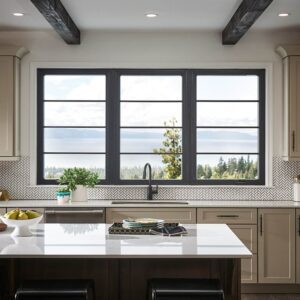 Modern kitchen with large window view.