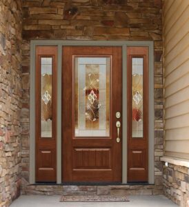 Elegant wooden front door with glass panels