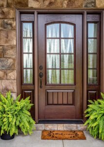 Wooden front door with welcome mat and plants