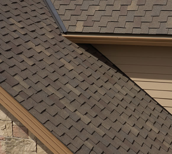 Close-up of a shingle roof on a house.