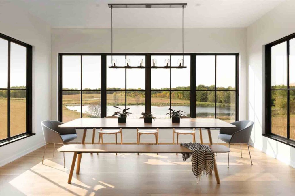 Modern dining room with large windows and scenic view.