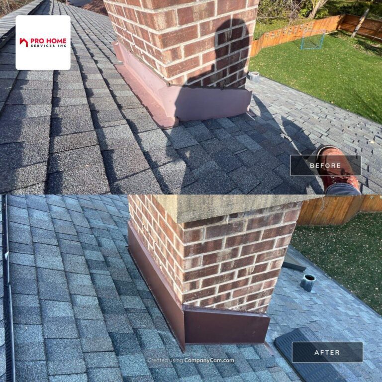 Roof repair before and after comparison photo.
