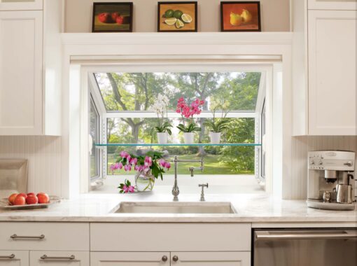 Kitchen sink view with plants and coffee maker.