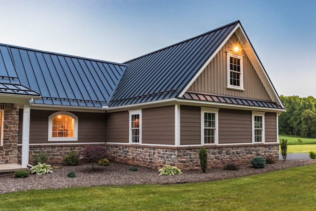 Modern house with metal roof and stone exterior