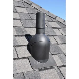 Roof vent with black protective cover on shingles.