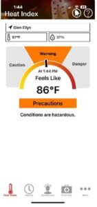 Heat index app warning: 86°F, precaution advised.