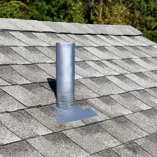 lead flashing on a plumbing stack over shingle rooftop