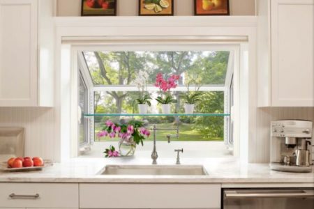Kitchen sink view with plants and coffee maker.