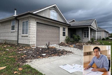 Damaged house exterior and person reviewing insurance documents.