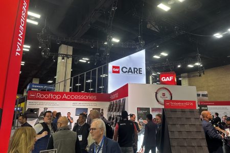GAF roofing products display at trade show.