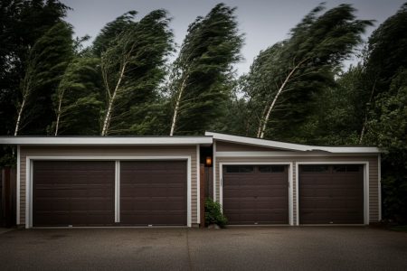 Modern house with garages during strong windstorm